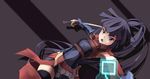  akatsuki_(log_horizon) aoi_kao_(lsz7106) armpits black_legwear blue_hair high_ponytail highres holding holding_sword holding_weapon log_horizon long_hair open_mouth ponytail purple_eyes shorts solo sword thighhighs weapon 