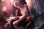  1boy 3d abs black_pants black_shirt blood blood_on_face bottle cigarette closed_mouth game_asset glass highres holding indoors injury love_and_deepspace male_focus mirror muscular muscular_male non-web_source official_art open_clothes open_shirt pants pectorals red_eyes self-datamine shirt short_hair sitting solo sylus_(love_and_deepspace) white_hair 