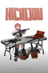  1girl absurdres artist_name assault_rifle bare_legs blush copyright_name gun highres holding kriss_vector m4_carbine machine_gun mouth_hold multiple_weapons nichijou nopal_garpu pencil rifle shirt short_hair shotgun sitting sniper_rifle solo submachine_gun t-shirt table tachibana_misato too_many_weapons toolbox weapon white_background wrench 