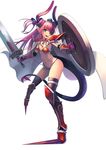  armor asymmetrical_legwear bikini bikini_armor black_legwear cape claws dragon_tail dual_wielding elbow_gloves elizabeth_bathory_(brave)_(fate) elizabeth_bathory_(fate)_(all) fate/extra fate/extra_ccc fate/grand_order fate_(series) fingerless_gloves flat_chest gloves green_eyes groin highres holding horns long_hair loose_bikini navel open_mouth outstretched_arms oversized_clothes pauldrons pink_hair pointy_ears red_armor shield shoes silver_trim simple_background smile solo spiked_shoes spikes sunga2usagi swimsuit sword tail thigh_strap thighhighs twintails two_side_up vambraces weapon white_background 