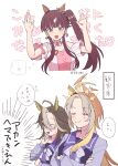  3girls absurdres ahoge ahoge_wag animal_ears blunt_bangs blush bow brown_hair closed_eyes clothing_cutout colored_inner_animal_ears colored_inner_hair commentary_request crossed_arms crown curtained_hair detached_collar dot_nose dream_journey_(umamusume) ear_covers ear_ornament expressive_hair eyewear_strap floating_crown glasses hair_ornament hand_on_own_chin hands_up highres horse_ears horse_girl kansaiben kyotoben long_hair looking_at_viewer lucky_lilac_(umamusume) meni_shuki_rush-sshu! multicolored_hair multiple_girls open_mouth orange_hair orfevre_(umamusume) pink-tinted_eyewear pink_shirt purple_eyes purple_hair purple_sailor_collar purple_serafuku purple_shirt sailor_collar school_uniform serafuku shirt shoulder_cutout side_part side_ponytail sidelocks simple_background single_sidelock smile speech_bubble streaked_hair thought_bubble tinted_eyewear tracen_school_uniform translation_request twitter_username umamusume umamusume_horse_relations white_background white_bow white_streaks winter_uniform yoi_nun 
