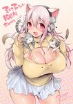  animal animal_ears blush breasts cat cat_band cat_ears cat_tail cleavage cleavage_cutout headphones highres large_breasts long_hair looking_at_viewer meme_attire moomoo-san nitroplus open-chest_sweater open_mouth pink_hair red_eyes smile solo super_sonico sweater tail 