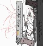  1boy 454dual alucard_(hellsing) gun hellsing highres long_hair male_focus messy_hair red_eyes smile solo upper_body vampire weapon 
