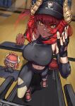  1girl abs absurdres black_gloves black_pants black_shirt breasts dragon_girl dragon_horns dragon_tail eezee_dee fingerless_gloves gloves highres horn_piercing horns jewelry large_breasts muscular muscular_female navel necklace pants red_hair shirt sleeveless sleeveless_shirt socks_agency solo tail treadmill virtual_youtuber workout_clothes yellow_eyes yoga_pants zentreya zentreya_(dragon) zentreya_(dragon)_(workout) 