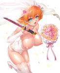  bare_shoulders blonde_hair blue_eyes bouquet breasts bridal_veil flower high_heels highres holding holding_weapon igawa_sakura kagami_hirotaka large_breasts lingerie looking_at_viewer nipples petals puffy_nipples short_hair simple_background smile solo taimanin_(series) taimanin_asagi thighhighs underwear veil wakizashi weapon white_background white_legwear 