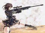  absurdres anti-materiel_rifle aoi_kao_(lsz7106) barrett_m107 black_hair black_legwear black_skirt brown_eyes from_side gun highres holding holding_gun holding_weapon holster kneehighs one_knee original pleated_skirt rifle short_hair skirt sniper_rifle solo thigh_holster weapon 