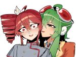  2girls ahoge blueysart blush bow collar commentary drill_hair english_commentary epaulettes fang gem goggles goggles_on_head green_eyes grey_collar grey_jacket gumi gumi_(ai_megpoid) hair_between_eyes hair_bow headpiece high_collar highres jacket kasane_teto kasane_teto_(sv) long_sidelocks medium_hair military_uniform multicolored_hair multiple_girls nose_blush one_eye_covered open_mouth orange_jacket portrait red-tinted_eyewear red_eyes red_gem red_hair red_trim short_hair sidelocks simple_background streaked_hair synthesizer_v tinted_eyewear twin_drills utau vocaloid wavy_eyes whispering_in_ear white_background white_bow white_streaks 