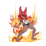  1girl animal_ear_fluff animal_ears bare_shoulders black_panties breasts chinese_commentary comifree_lin commentary_request crop_top dark_skin dragon_install fang fiery_hair fire full_body guilty_gear highres long_hair medium_breasts multicolored_hair nail_polish navel open_mouth orange_eyes orange_hair original panties red_eyes red_hair short_eyebrows simple_background solo spikes standing stirrup_legwear tail thick_eyebrows thighhighs toeless_legwear toenails transparent_background underwear v-shaped_eyebrows 