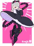  1girl absurdres animal_ears black_dress boots border cable cable_tail cat_ears cat_tail commentary dress fake_animal_ears frilled_dress frills full_body grey_hair hands_up highres iwako_(eiken3kyuboy) long_hair long_sleeves looking_at_viewer mecha_musume mechanical_ears mechanical_legs mechanical_tail original outside_border paw_pose pink_background puffy_sleeves red_eyes solo tail twitter_username 