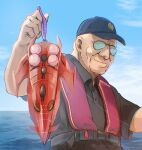 1boy artist_name baseball_cap black_shirt blue_hat commentary degwin_sodo_zabi emblem fish_hook fishing fishing_line fishing_lure glasses gundam gwazine hat life_vest logo mobile_suit_gundam nemokenogonge ocean outdoors parody shirt short_sleeves smile spacecraft twitter_username untranslatable_commentary upper_body watermark zeon 