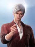  1boy 3d blue_background closed_mouth collared_shirt facial_hair fingernails game_asset gradient_background grey_hair hand_up highres holding jacket jewelry key key_necklace lips long_sleeves looking_at_viewer love_and_deepspace male_focus manly necklace non-web_source nose official_art parted_bangs pendant realistic red_eyes red_jacket self-datamine shirt short_hair sleeves_rolled_up smile solo stubble sylus_(love_and_deepspace) upper_body white_hair white_shirt 