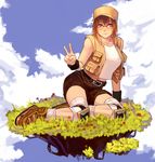  arm_support baseball_cap belt breasts brown_eyes brown_footwear brown_hair brown_shorts brown_vest closed_mouth cloud cloudy_sky commentary_request day fio_germi full_body glasses grass hat hikareki knee_pads looking_at_viewer medium_breasts metal_slug open_clothes open_vest round_eyewear shirt shoes shorts sitting sky sleeveless smile socks solo tank_top v vest white_legwear white_shirt wristband yokozuwari 