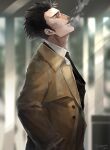  1boy absurdres black_eyes black_hair brown_coat cigarette coat commentary_request highres jujutsu_kaisen kusakabe_atsuya long_coat male_focus oberon0614 open_clothes open_coat short_hair smoking solo upper_body 