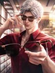  1boy 3d adjusting_eyewear artist_name blurry blurry_background ceiling closed_mouth collared_shirt depth_of_field facial_hair game_asset glasses highres holding holding_removed_eyewear indoors lips looking_at_viewer love_and_deepspace male_focus non-web_source official_art open_collar realistic red_eyes red_shirt self-datamine shirt short_hair sleeves_rolled_up solo sunglasses sylus_(love_and_deepspace) unworn_eyewear upper_body white_hair window 