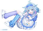  1girl :d ahoge apron asymmetrical_legwear blue_eyes blue_hair blue_leg_warmers blue_shirt blue_skirt blunt_bangs braid commentary_request frilled_apron frilled_shirt_collar frills full_body fur_leg_warmers hair_flaps holding hololive hololive_dev_is karokuchitose leg_warmers lightning_ahoge long_hair long_sleeves low_twin_braids mask mask_on_head mismatched_legwear mizumiya_su multicolored_hair official_art open_mouth pink_streaks pinstripe_pattern pinstripe_shirt pinstripe_skirt rekio_(mizumiya_su) shirt simple_background single_thighhigh sitting skirt sleep_mask slippers smile solo streaked_hair teeth thighhighs twin_braids uneven_legwear upper_teeth_only virtual_youtuber waist_apron white_apron white_background white_slippers white_thighhighs 