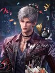  1boy 3d black_choker bouquet building cake cat choker closed_mouth collar confetti food fruit game_asset grey_hair hair_ornament happy_birthday heart helmet highres holding jacket jewelry leather lips looking_at_viewer love_and_deepspace male_focus necklace night non-web_source official_art one_eye_closed open_clothes open_jacket party_popper red_eyes self-datamine smile solo sylus_(love_and_deepspace) sylus_(rainlit_night)_(love_and_deepspace) unworn_headwear upper_body v-neck white_hair 
