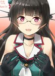  :d artist_name bare_shoulders beret black_gloves black_hair breasts choker choukai_(kantai_collection) collarbone commentary_request dated glasses gloves hand_on_own_chest hat headgear highres kamelie kantai_collection large_breasts open_mouth remodel_(kantai_collection) smile solo 