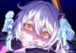  2girls ahoge artist_name asymmetrical_gloves blue_background bodysuit braid colored_eyelashes commentary dress full_body glitch gloves gradient_background hair_between_eyes hair_ornament head_tilt highres honkai_(series) honkai_impact_3rd khuffi kiana_kaslana kiana_kaslana_(herrscher_of_the_void) kiana_kaslana_(white_comet) long_hair looking_at_another mismatched_gloves multiple_girls shadow sidelocks sirin star_(symbol) star_print symbol-shaped_pupils twin_braids untranslatable_commentary very_long_hair white_hair yellow_eyes 