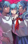  1boy 2girls absurdres blue_eyes blue_hair blue_skirt breasts closed_mouth commentary english_commentary finger_to_mouth genderswap genderswap_(mtf) highres jujutsu_kaisen kashimo_hajime long_hair long_sleeves looking_at_viewer looking_down looking_to_the_side mahito_(jujutsu_kaisen) miwa_kasumi multiple_girls neckerchief necktie pleated_skirt red_neckerchief s0gaharahen sailor_collar school_uniform serafuku shirt short_hair skirt smile twintails white_shirt 