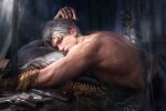  1boy 3d artist_name bara bed bullet cellphone closed_mouth curtains game_asset grey_hair gun handgun highres indoors jewelry looking_at_viewer love_and_deepspace lying male_focus muscular muscular_male necklace non-web_source official_art on_bed on_stomach pectorals phone pillow realistic ring self-datamine short_hair smartphone solo sylus_(love_and_deepspace) topless_male weapon white_hair 