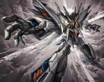  armor cloud commentary full_body glowing glowing_eyes green_eyes gundam gundam:_hathaway's_flash highres looking_at_viewer mecha mecha_focus mobile_suit outstretched_arm reaching reaching_towards_viewer robot science_fiction untranslatable_commentary v-fin white_armor xi_gundam yonoseong 