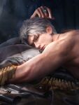  1boy 3d closed_mouth game_asset grey_hair gun highres jewelry looking_at_viewer love_and_deepspace lying male_focus necklace non-web_source official_art on_stomach one_eye_closed pillow realistic ring self-datamine short_hair solo sylus_(love_and_deepspace) topless_male upper_body weapon white_hair 