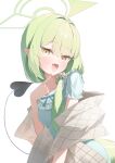  1girl absurdres black_tail blue_archive blue_nightgown blue_ribbon blush brown_scrunchie demon_tail dot_nose fang finger_to_own_chin frilled_nightgown green_hair green_halo grid_shawl hair_between_eyes halo happy head_tilt highres ixia559 long_hair looking_at_viewer low_side_ponytail nightgown nozomi_(blue_archive) nozomi_(kujibikido)_(blue_archive) official_alternate_costume open_mouth pointy_ears ribbon scrunchie side_ponytail simple_background skin_fang solo standing tail upper_body very_long_hair white_background yellow_eyes 
