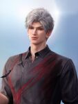  1boy 3d black_feathers black_shirt blood blood_on_clothes closed_mouth collared_shirt feathers game_asset grey_hair highres lips looking_at_viewer love_and_deepspace male_focus non-web_source official_art realistic red_eyes self-datamine shirt short_hair solo sylus_(love_and_deepspace) upper_body white_hair 
