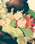  1girl alain_(pokemon) black_hair closed_eyes couple fingerless_gloves gloves hat hetero highres hinata_(ryohinata) hug long_hair manon_(pokemon) pokemon pokemon_(anime) pokemon_xy_(anime) red_hair short_hair smile 