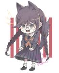  animal_ears braid brown_eyes danganronpa danganronpa_1 fang fukawa_touko glasses long_hair purple_hair saita794 school_uniform solo sweatdrop tail twin_braids 