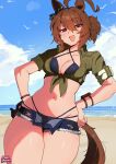  1girl absurdres agnes_tachyon_(lunatic_lab)_(umamusume) agnes_tachyon_(umamusume) animal_ears beach bikini bikini_bottom_under_shorts bikini_under_clothes black_bikini blue_sky breasts brown_hair brown_tail cleavage cloud cloudy_sky commentary cowboy_shot day ear_ornament english_commentary green_jacket hair_between_eyes hands_on_own_hips highres horizon horse_ears horse_girl horse_tail jacket long_hair_between_eyes looking_at_viewer medium_breasts micro_shorts multi-strapped_bikini_bottom navel official_alternate_costume official_alternate_hairstyle oniiyanna open_mouth outdoors ponytail red_eyes short-sleeved_jacket short_hair short_ponytail short_sleeves shorts sky smile solo stomach swimsuit tail thick_thighs thighs tied_jacket umamusume 