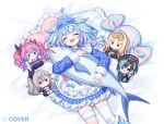  1girl ahoge apron bed_sheet blue_dress blue_hair blue_leg_warmers blunt_bangs braid character_doll closed_eyes commentary_request doll dress fish frilled_apron frilled_dress frilled_shirt_collar frills fur_thigh_strap garter_straps hair_flaps hololive hololive_dev_is isaki_riona isaki_riona_(1st_costume) karokuchitose kikirara_vivi kikirara_vivi_(1st_costume) koganei_niko koganei_niko_(1st_costume) leg_warmers lightning_ahoge long_hair long_sleeves low_twin_braids lying mask mask_on_head mizumiya_su multicolored_hair official_art on_back open_mouth pink_streaks pinstripe_dress pinstripe_pattern rindo_chihaya rindo_chihaya_(1st_costume) short_dress single_garter_strap single_thighhigh sleep_mask smile solo streaked_hair teeth thighhighs twin_braids upper_teeth_only virtual_youtuber white_apron white_thighhighs 