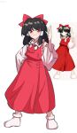  1girl ascot black_hair bow closed_mouth collared_shirt commentary_request derivative_work detached_sleeves embodiment_of_scarlet_devil frilled_sleeves frills full_body hair_bow hair_tubes hakurei_reimu hand_on_own_hip long_sleeves medium_hair mikage_tsuki official_art_inset official_art_redraw red_ascot red_bow red_eyes red_skirt red_vest reference_inset serious shirt sidelocks simple_background skirt socks solo sprite_redraw standing touhou vest white_background white_shirt white_sleeves white_socks wide_sleeves zun_pose 