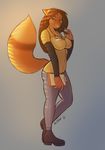  2016 anthro blue_eyes breasts brown_hair canine cleavage clothed clothing female fox hair mammal simple_background solo standing wide_hips woadedfox 