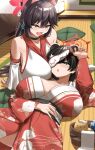  ahoge animal_ears black_hair blue_archive blush breasts choker cleavage detached_sleeves fang hair_bun halo haru_(harugaki520) highres huge_breasts japanese_clothes kaede_(blue_archive) kimono lap_pillow long_hair lying_on_lap obi open_mouth raccoon_ears raccoon_girl red_halo red_sailor_collar sailor_collar sash short_hair single_side_bun skin_fang tsubaki_(blue_archive) yellow_eyes 