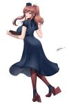  1girl absurdres artist_name back black_dress blue_eyes breasts brown_hair commentary_request dated dress full_body highres holding kantai_collection large_breasts looking_at_viewer looking_back odachu open_mouth pantyhose red_pantyhose red_shoes saratoga_(kancolle) saratoga_mk_ii_(kancolle) shoes short_sleeves side_ponytail simple_background smile solo white_background 