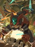  1boy absurdres android armor attack black_eyes blonde_hair commentary_request dynamic_pose energy_sword forehead_jewel full_body golem_(mega_man) hand_on_ground helmet highres holding holding_sword holding_weapon long_hair male_focus mega_man_(series) mega_man_zero_(series) mega_man_zero_1 omochi_(mochi_skymega) red_armor red_helmet slashing solo_focus sword weapon z_saber zero(z)_(mega_man) zero_(mega_man) 