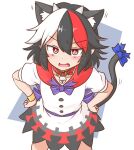  1girl animal_ear_fluff animal_ears bell black_hair blue_ribbon blush cat_ears cat_tail collar commentary_request commission cone_horns cowboy_shot dress fang grey_horns hands_on_own_hips highres horns kemonomimi_mode kijin_seija looking_at_viewer mizusoba multicolored_hair neck_bell open_mouth red_collar red_eyes ribbon short_hair short_sleeves skeb_commission small_horns solo streaked_hair tail tail_ornament tail_ribbon touhou two-tone_background whiskers white_hair 