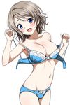  :d blue_bra blue_eyes blue_panties blush bow bow_bra bow_panties bra breasts cleavage collarbone cowboy_shot hair_ornament highres light_brown_hair looking_at_viewer love_live! love_live!_sunshine!! medium_breasts open_mouth panties rozen5 simple_background smile solo strap_pull underwear underwear_only undressing watanabe_you white_background 