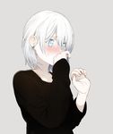  androgynous bad_id bad_pixiv_id black_sweater blue_eyes blush commentary_request earrings embarrassed erubo green_hair grey_background hair_between_eyes hand_to_own_mouth jewelry looking_down male_focus original simple_background solo sweatdrop sweater 