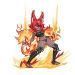  1girl animal_ear_fluff animal_ears bare_shoulders black_panties breasts chinese_commentary comifree_lin commentary_request crop_top dark_skin dragon_install fang fiery_hair fire full_body guilty_gear highres long_hair medium_breasts multicolored_hair nail_polish navel open_mouth orange_eyes orange_hair original panties red_eyes red_hair short_eyebrows simple_background solo spikes standing stirrup_legwear tail thick_eyebrows thighhighs toeless_legwear toenails transparent_background underwear v-shaped_eyebrows 