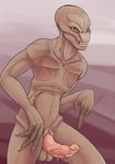  alien animal_genitalia anthro balls dripping erection front-view genital_slit lizardlars male navel penis pointing_at_penis precum precum_string sectoid slit solo teeth video_games x-com 