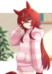  1girl :3 absurdres animal_ears blush border commentary cowboy_shot fluffy_clothes fluffy_legwear fuzzy_clothes green_eyes hair_between_eyes hand_up highres hood hoodie horse_ears horse_girl horse_tail indoors jellyfish_cut letterboxed long_hair looking_at_viewer mugi_mg317 multicolored_hair one_eye_closed pajamas pink_hoodie pink_shorts plant pom_pom_(clothes) potted_plant red_hair shorts sidelocks single_hair_streak sleepy solo streaked_hair striped_clothes striped_hoodie striped_pajamas striped_shorts tail tearing_up umamusume white_border white_streaks win_variation_(umamusume) 