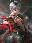  1boy 3d abs armor belt black_horns black_sclera blurry colored_sclera cowboy_shot demon_horns dragon_boy dragon_horns from_side game_asset gem grey_background grey_hair highres horns jewelry love_and_deepspace male_focus motion_blur muscular muscular_male non-web_source official_art parted_lips pectorals profile realistic red_eyes scales scar self-datamine short_hair shoulder_armor smile solo sylus_(abyssal_sovereign)_(love_and_deepspace) sylus_(love_and_deepspace) tail teeth topless_male white_hair 