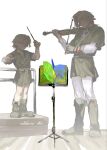  2boys age_comparison artist_name blue_eyes boots dual_persona epona green_tunic highres holding holding_baton holding_instrument holding_violin horse instrument link male_focus multiple_boys octahooves playing_instrument pointy_ears signature the_legend_of_zelda the_legend_of_zelda:_ocarina_of_time tunic twitter_username violin young_link 