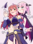  2girls absurdres ahoge bare_shoulders black_cape black_choker blunt_bangs blush bow bowtie breasts brooch cape chiyoda_momo choker commentary_request cowboy_shot crisis_management_form_(machikado_mazoku) dated demon_girl demon_horns demon_tail detached_collar detached_sleeves expressive_tail fang fingerless_gloves frilled_sleeves frills from_below gloves grabbing_from_behind green_eyes grey_gloves hair_between_eyes hair_ornament hand_up hands_on_another's_stomach heart heart_brooch highres horns jewelry karabina large_breasts long_hair long_sleeves looking_at_another machikado_mazoku medium_hair multiple_girls navel nose_blush open_mouth orange_eyes outline pinching_another's_belly pink_bow pink_bowtie pink_hair ponytail red_hair shaded_face sidelocks simple_background skin_fang tail tareme tsurime two-sided_cape two-sided_fabric white_background white_outline wing_hair_ornament x_hair_ornament yoshida_yuuko 