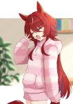  1girl absurdres animal_ears blush border closed_eyes commentary cowboy_shot fluffy_clothes fluffy_legwear fuzzy_clothes hair_between_eyes hand_up highres hood hoodie horse_ears horse_girl horse_tail indoors jellyfish_cut letterboxed long_hair mugi_mg317 multicolored_hair pajamas pink_hoodie pink_shorts plant pom_pom_(clothes) potted_plant red_hair shorts sidelocks single_hair_streak sleepy solo streaked_hair striped_clothes striped_hoodie striped_pajamas striped_shorts tail tearing_up umamusume white_border white_streaks win_variation_(umamusume) yawning 