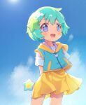  1girl arms_behind_back blue_eyes blue_shirt green_hair hair_ornament highres mahou_no_shimai_lulutto_lilly nonoyama_fuu open_mouth outdoors sakurabe_notos shirt short_hair short_sleeves skirt sky smile solo standing star_(symbol) star_hair_ornament sun wand white_shirt wind wind_lift yellow_skirt 