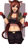  :d animal_ears black_gloves blue_eyes borrowed_character bow breasts brown_hair choker cleavage clenched_hands commentary_request cowboy_shot crop_top denim denim_shorts fangs fingerless_gloves gloves hikareki large_breasts long_hair looking_at_viewer midriff navel open_mouth original panty_straps red_bow shorts smile solo stomach strapless tail tail_bow tiger_ears tiger_girl tiger_tail tubetop whisker_markings 
