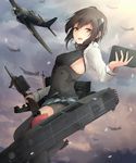  a7m_reppuu aircraft airplane b7a_ryuusei bike_shorts bow_(weapon) breasts brown_eyes brown_hair crossbow flight_deck headband headgear highres jenson_tw kantai_collection open_mouth sideboob small_breasts solo taihou_(kantai_collection) thighhighs weapon 